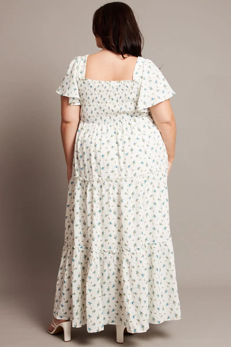Blue Ditsy Maxi Dress Short Sleeve Shirred Milky Glow