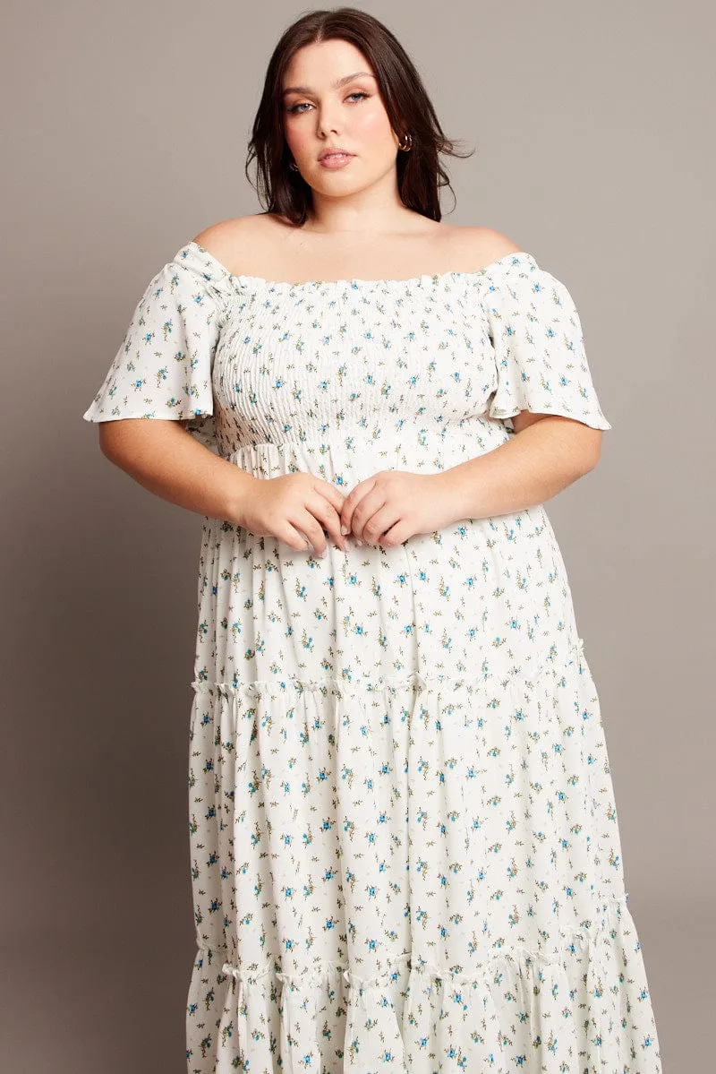 Galaxy View Blue Ditsy Maxi Dress Short Sleeve Shirred