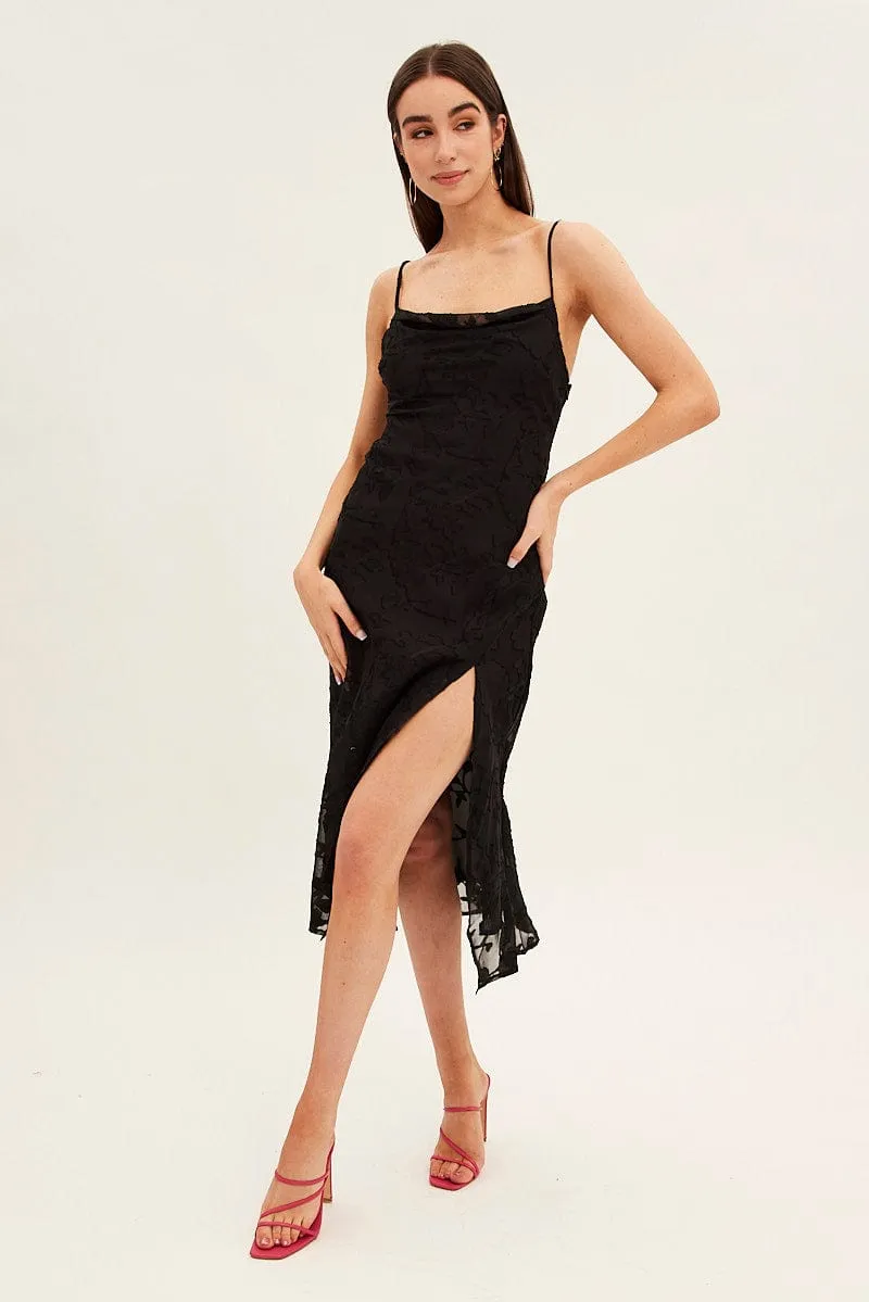 Black Midi Dress Cowl Neck Burnout Daily Office Elegant and timeless look