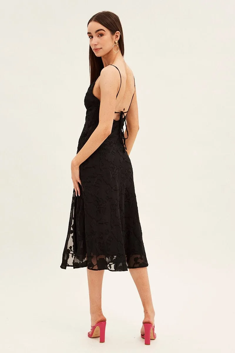 Timeless silhouette Planet View Black Midi Dress Cowl Neck Burnout