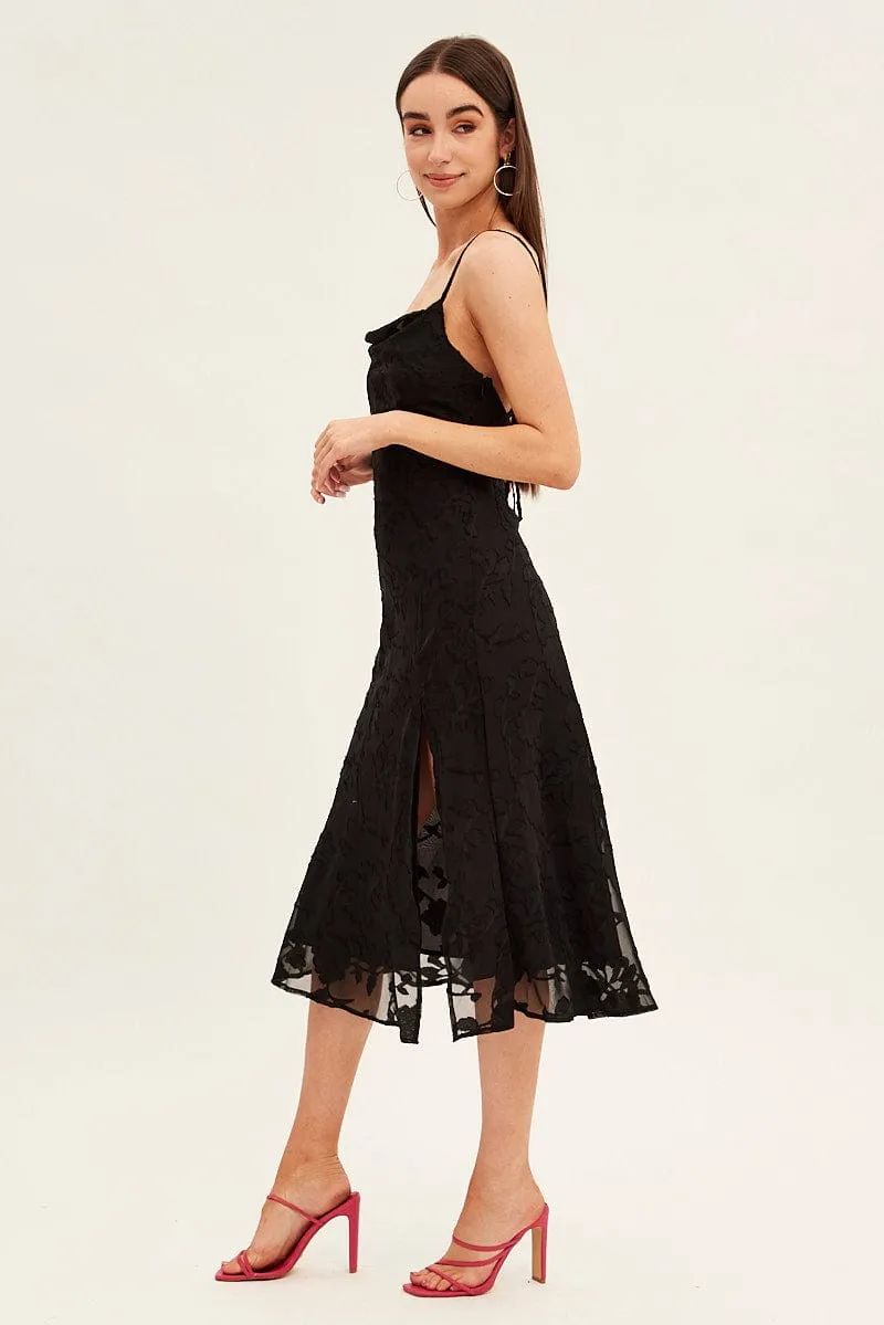 Chorus Night Black Midi Dress Cowl Neck Burnout
