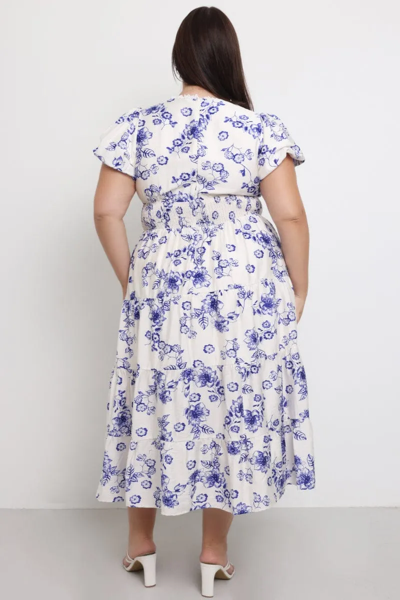 This dress offers a comfortable and elegant fit that works for both casual and formal events Blue Floral Maxi Dress Short Sleeve V Neck Tiered