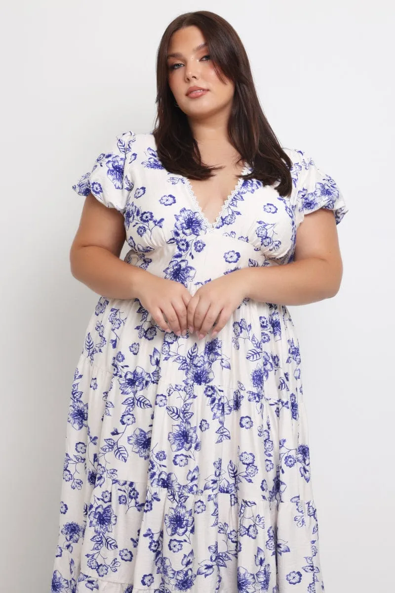 Blue Floral Maxi Dress Short Sleeve V Neck Tiered This maxi dress combines classic style with modern comfort for a timeless look