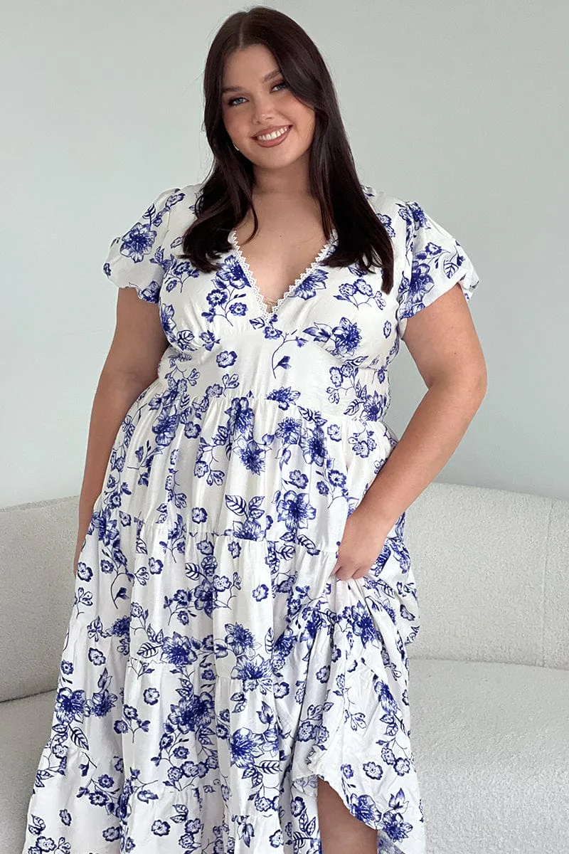 Blue Floral Maxi Dress Short Sleeve V Neck Tiered color block natural fiber