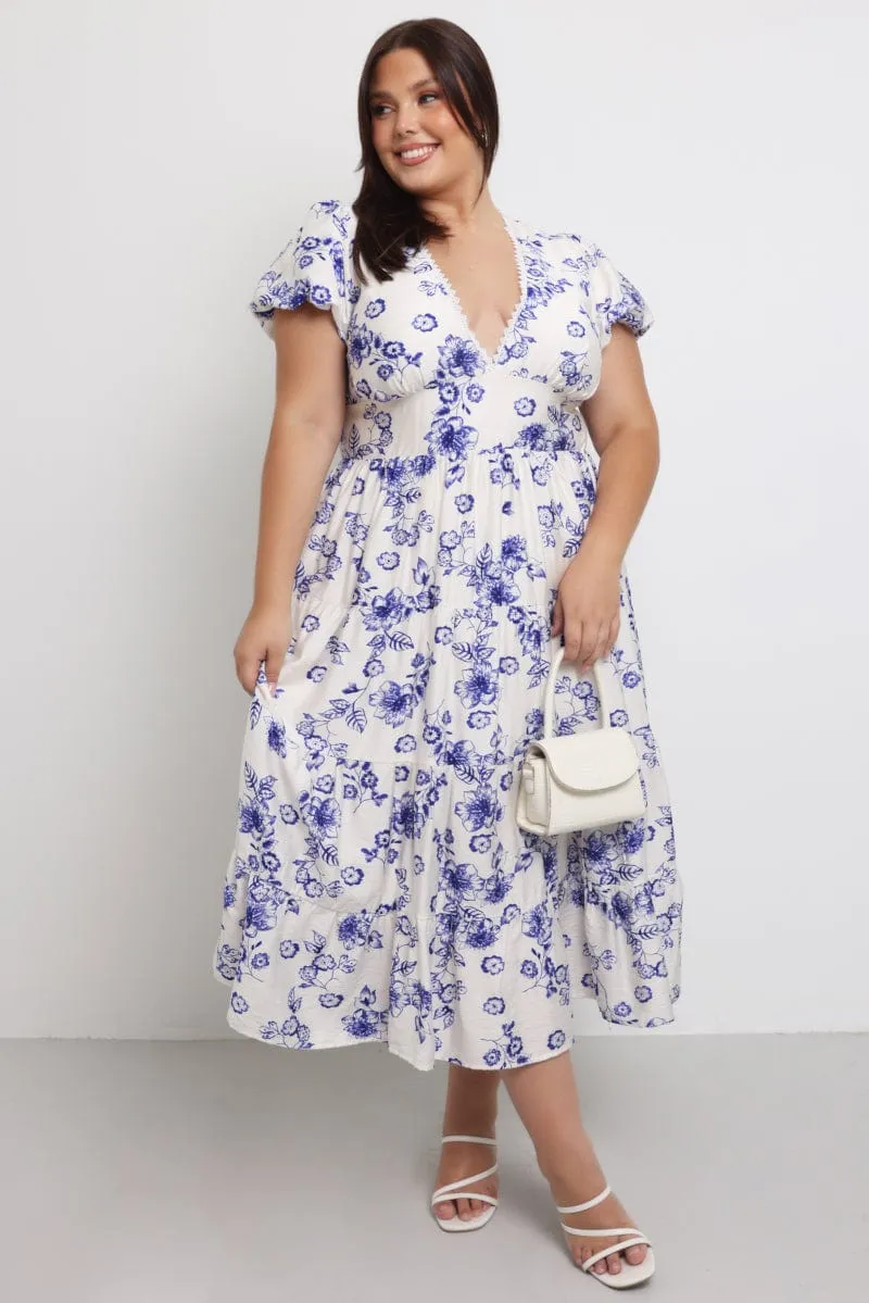 Tower View Blue Floral Maxi Dress Short Sleeve V Neck Tiered