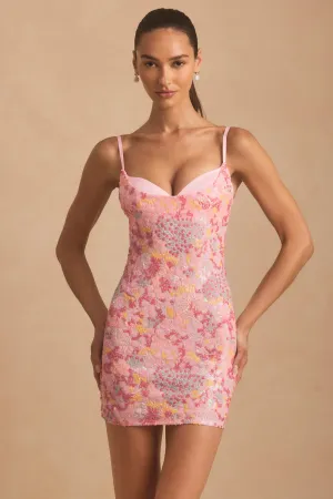 Urban Beat Floral design Embellished Camisole Bodycon Mini Dress in Pink