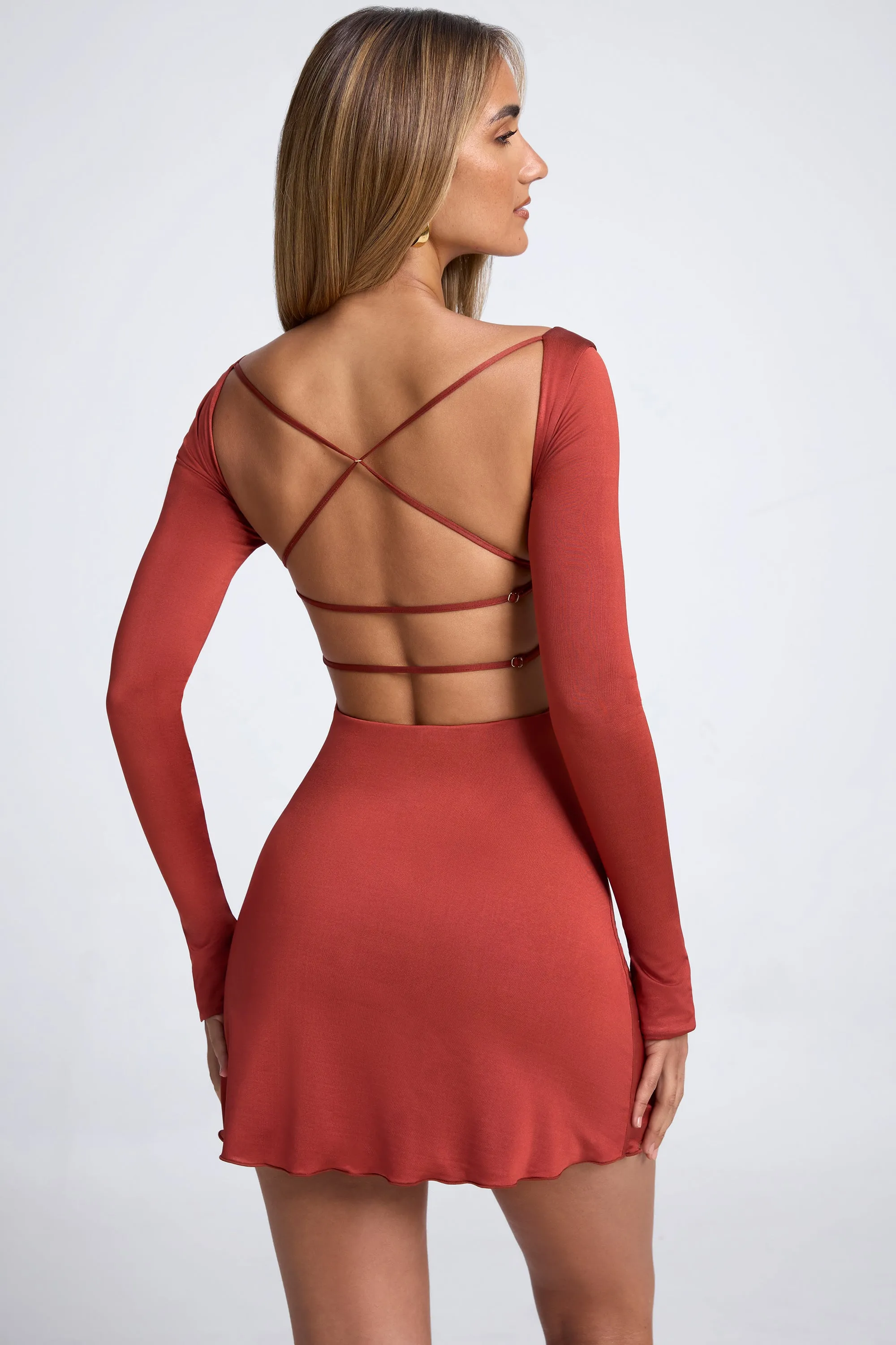 Open-Back A-line Mini Dress in Auburn Brown Timeless Design Simple Style Look