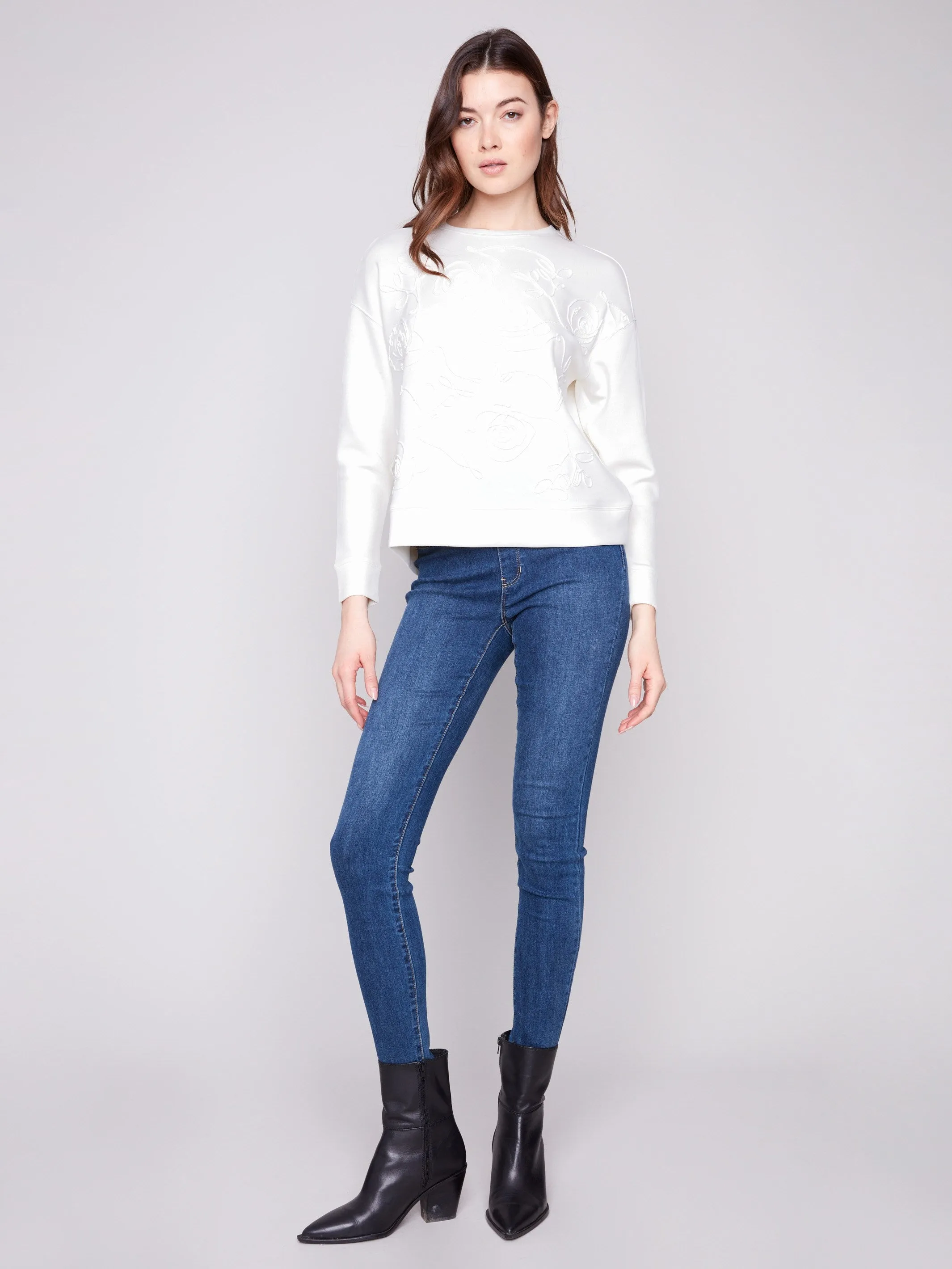 Scuba Knit Top with Soutache Detail - Ecru Trendy Vibes Multi Panel Design