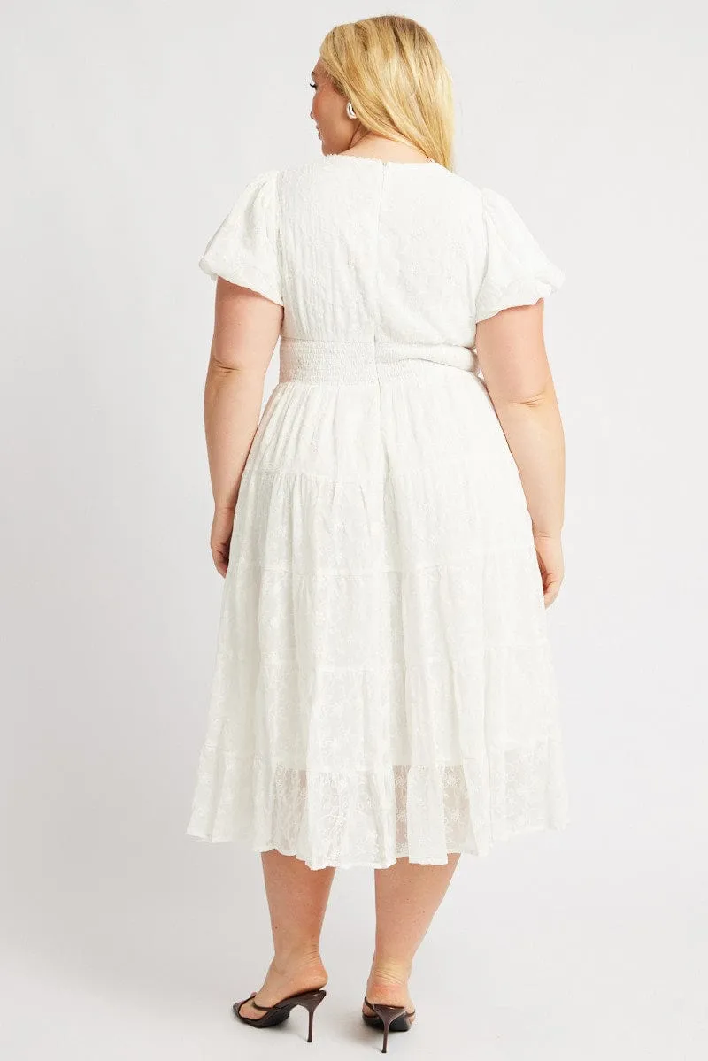 White Midi Dress Short Sleeve Tiered Designed with a simple yet elegant cut this dress works for both casual and formal occasions Morning Mist