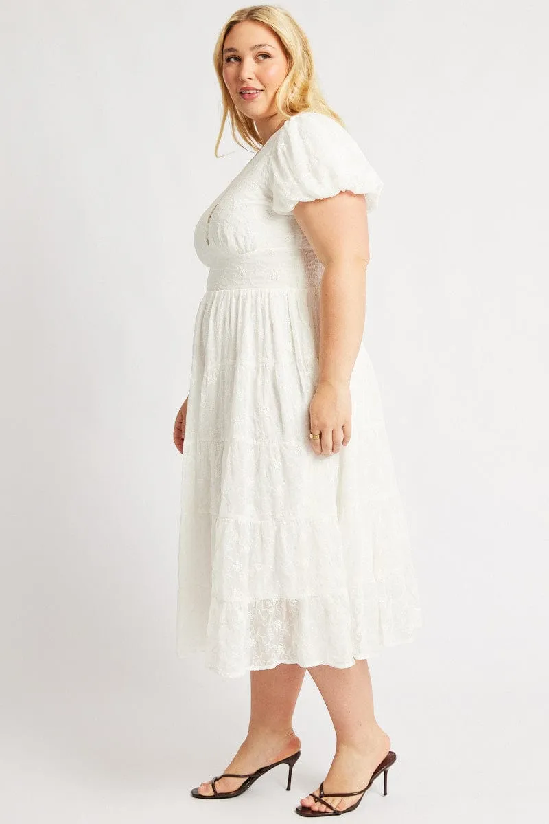 Turquoise Shine White Midi Dress Short Sleeve Tiered