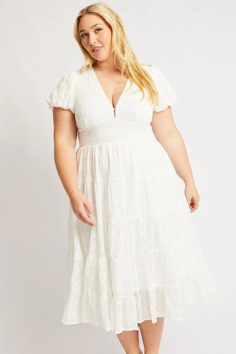 Star Sky White Midi Dress Short Sleeve Tiered