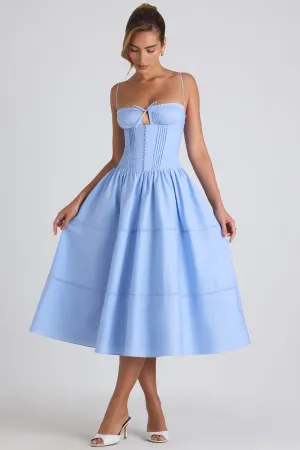 Shine Mood Lace-Trim Pintucked Poplin Midaxi Dress in Sky Blue