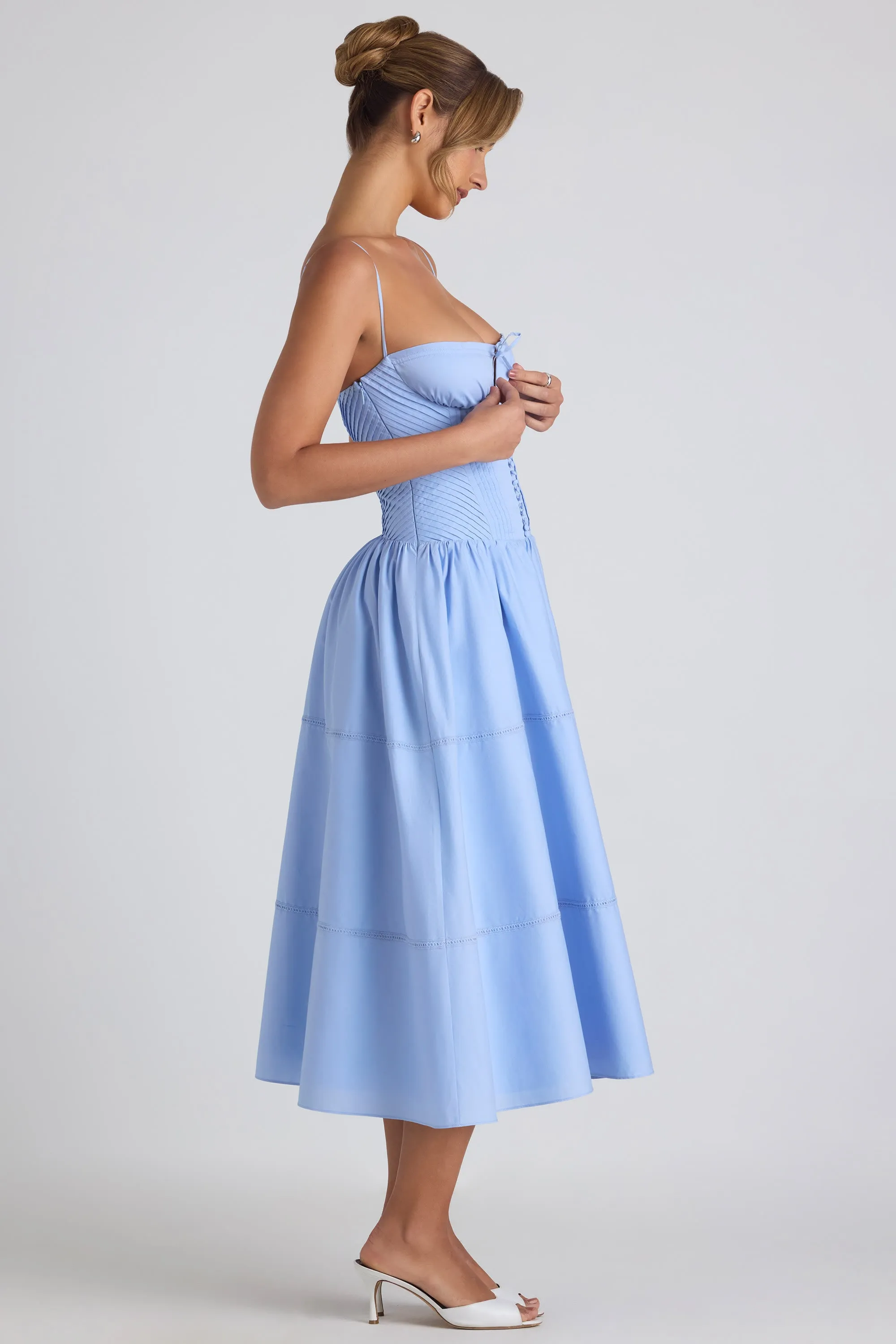 Spark Mood Moon Cool Lace-Trim Pintucked Poplin Midaxi Dress in Sky Blue