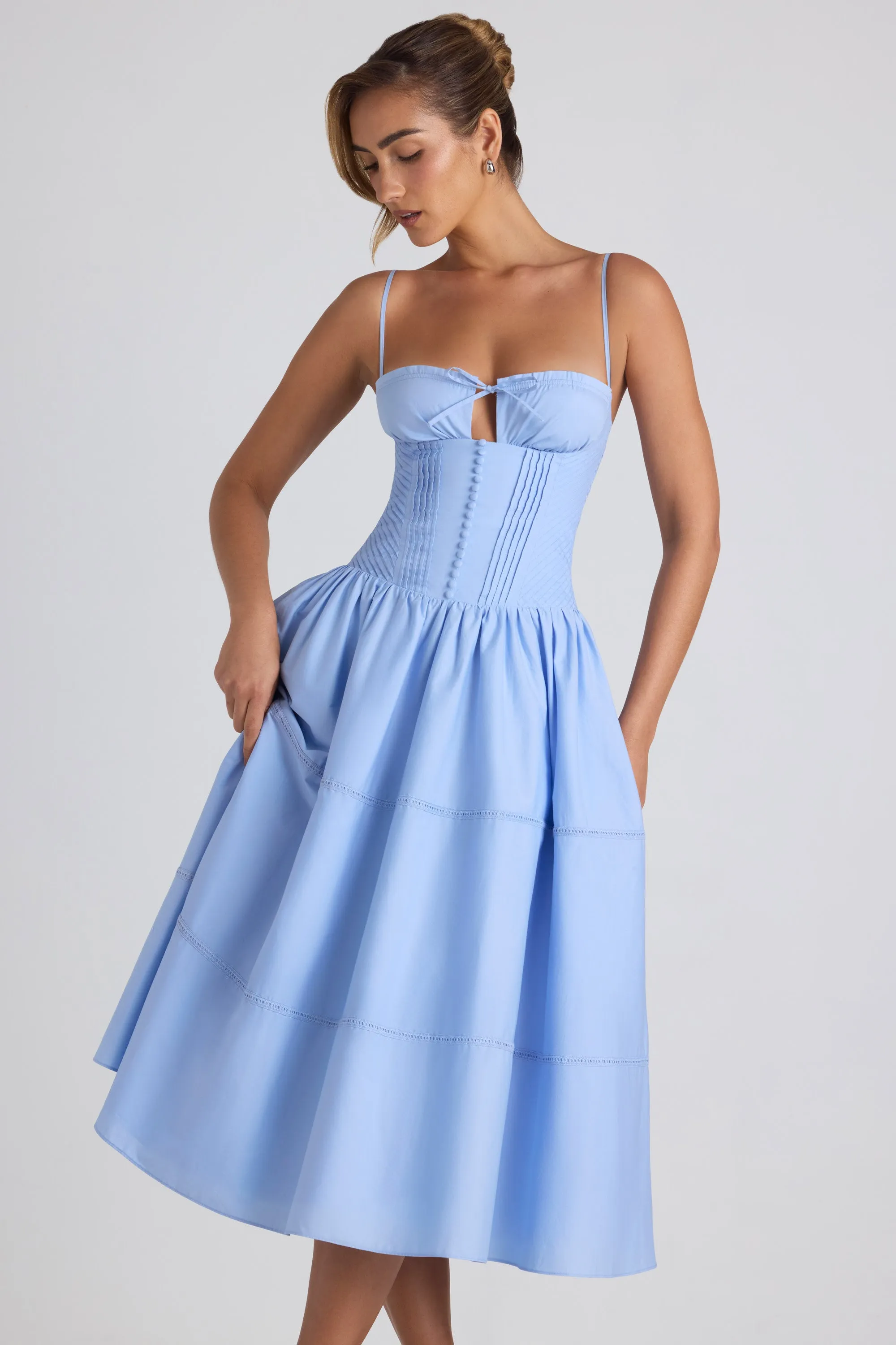 Lace-Trim Pintucked Poplin Midaxi Dress in Sky Blue Classic Look Tropical Glow