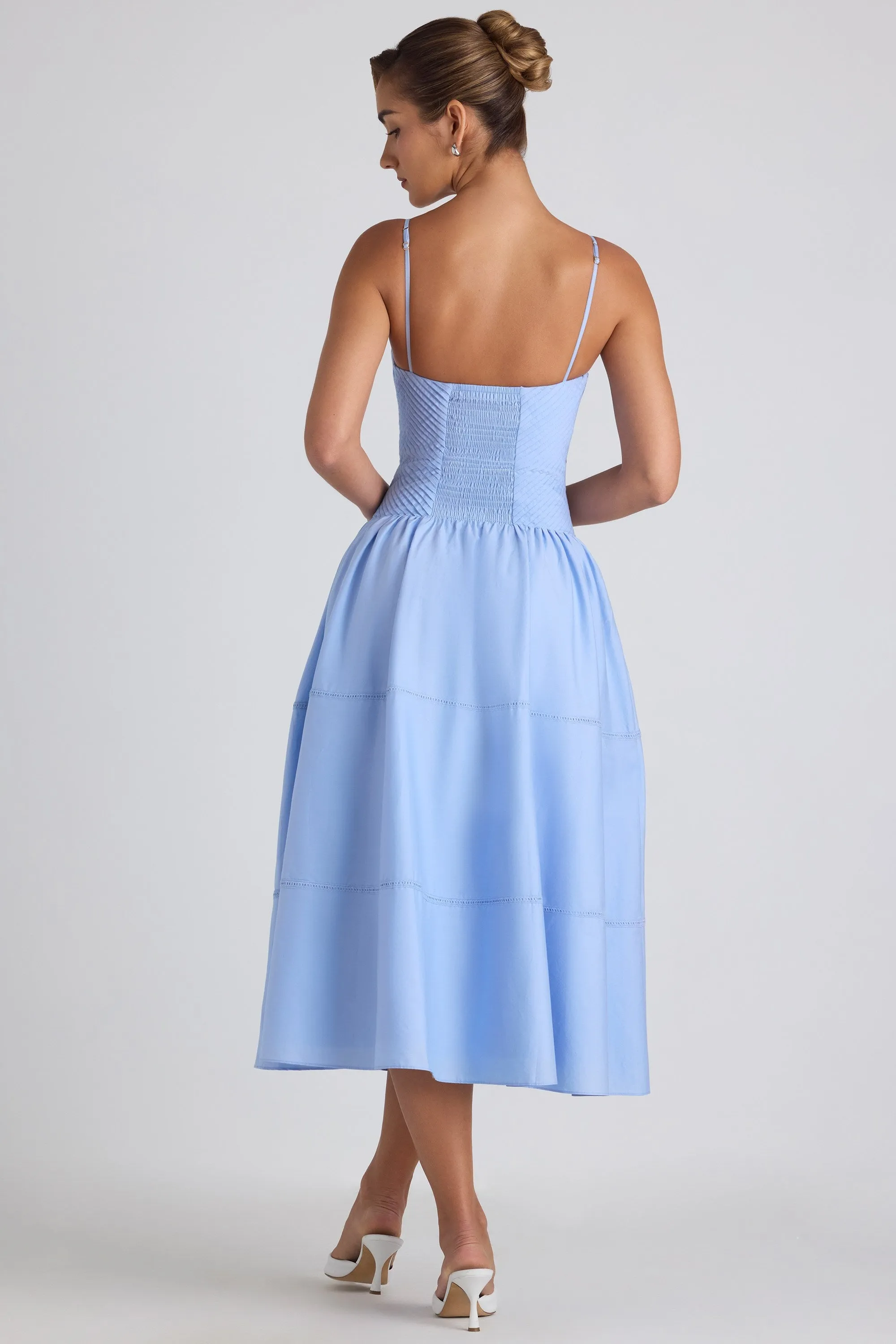 Bold Fashion Winter Fashion Lace-Trim Pintucked Poplin Midaxi Dress in Sky Blue