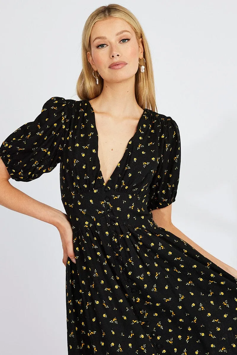 Black Floral Midi Dress Puff Sleeve Classic Cool Snow Path