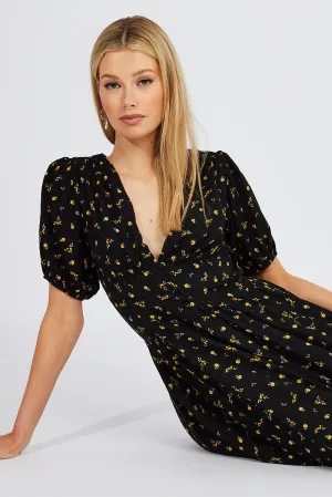 Sleek Fashion Black Floral Midi Dress Puff Sleeve
