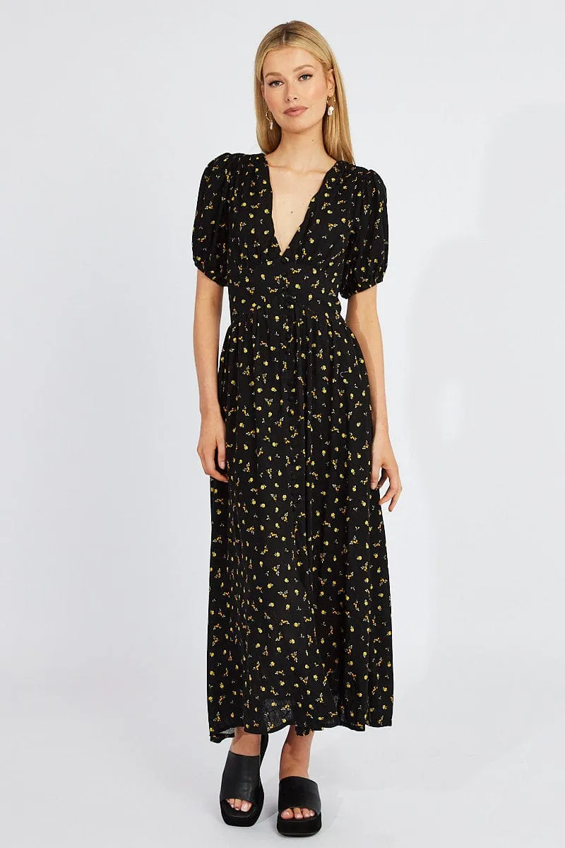 Everyday midi for work Seasonal Essentials Black Floral Midi Dress Puff Sleeve