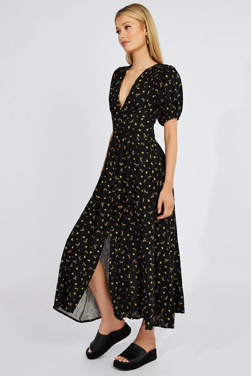 Chic Layers Space Glow Black Floral Midi Dress Puff Sleeve