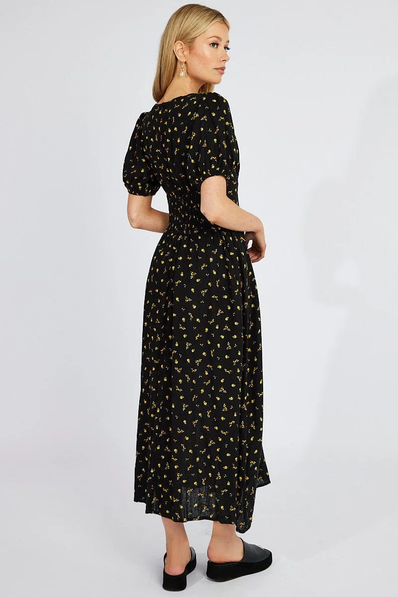 Comfortable Wardrobe Black Floral Midi Dress Puff Sleeve