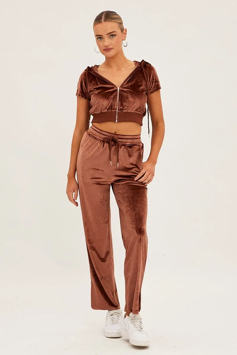 Brown Velvet Flared Hem Pants Flexible Comfort Durable Material