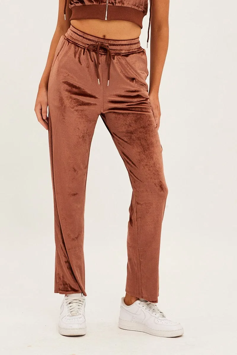 Casual Office Anti Odor Technology Brown Velvet Flared Hem Pants