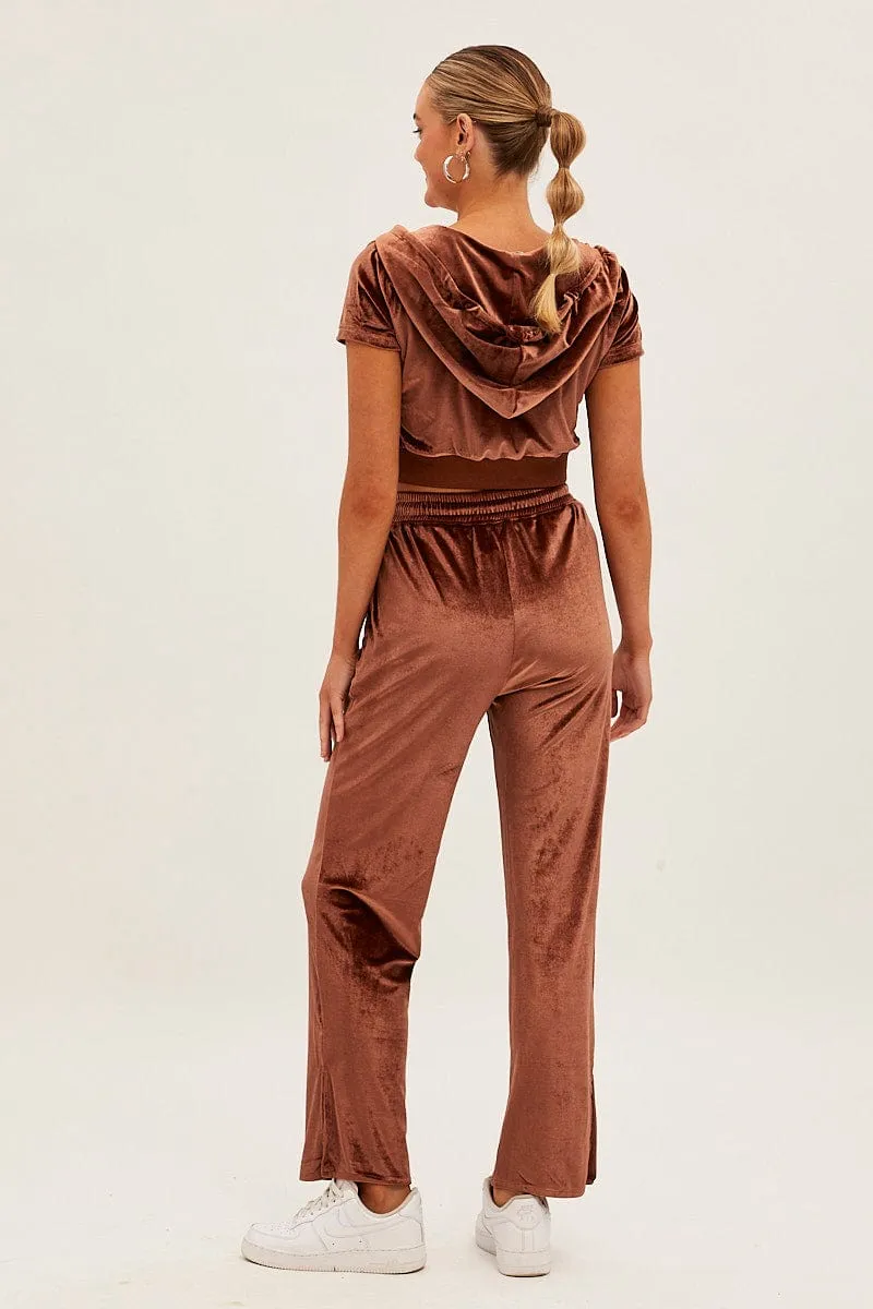 Brown Velvet Flared Hem Pants TearResistantMaterial Recycled Polyester