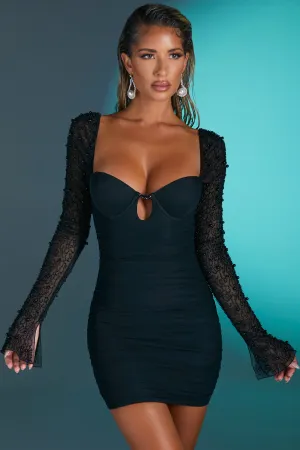 Fun Beat Embellished Long Sleeve Mini Dress in Black