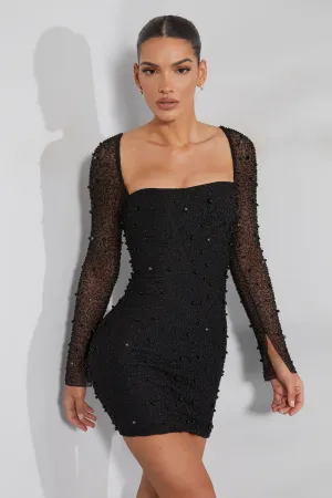 Long Sleeve Embellished Corset Mini Dress in Black Feminine relaxed mini Light Glow
