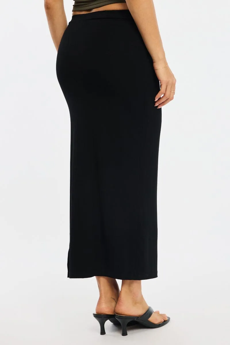 Black Maxi Skirt Elasticated Waist Side Split Lined Cozy Edge Date night