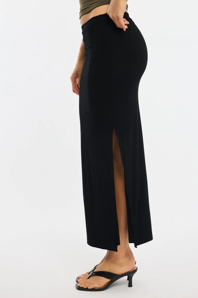 Tiered hem Black Maxi Skirt Elasticated Waist Side Split Lined