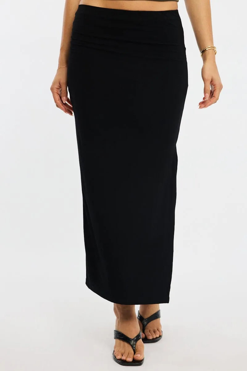 Black Maxi Skirt Elasticated Waist Side Split Lined Sturdy Waistband