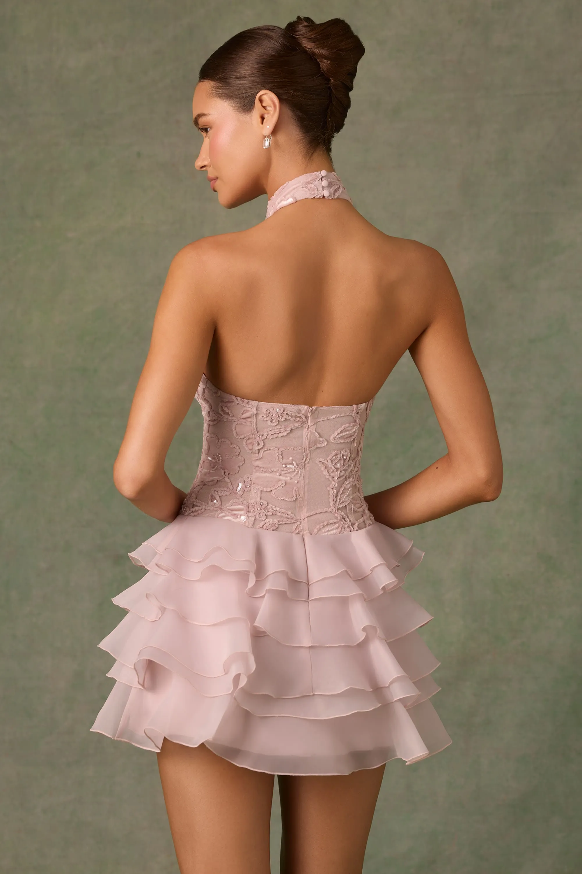 Daytime casual mini Party Rush Embellished Ruffled Halterneck Mini Dress in Dusty Rose