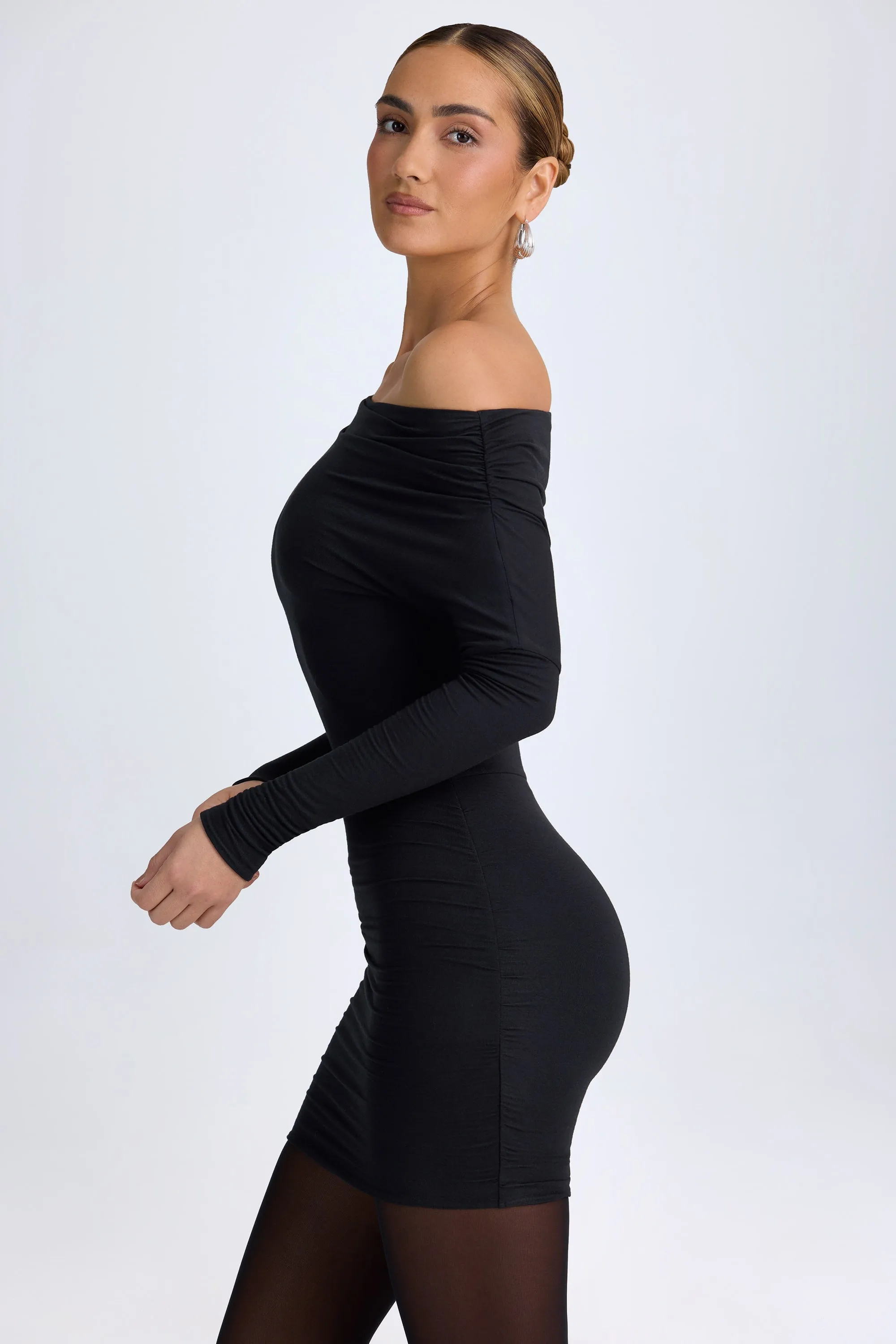 Beat Warm Modal Off-Shoulder Ruched Mini Dress in Black