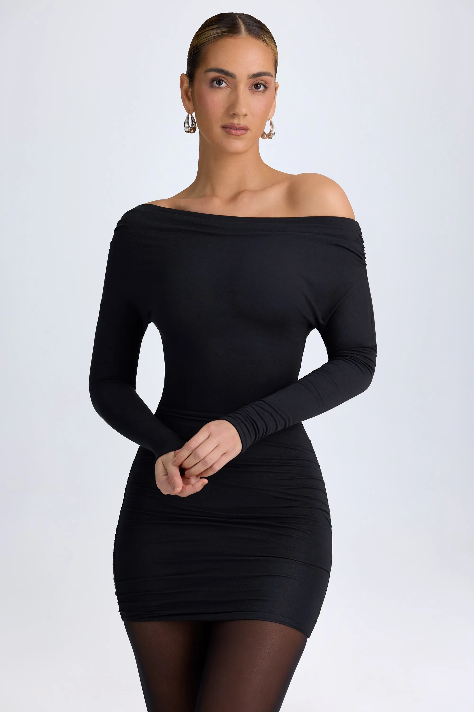 Modal Off-Shoulder Ruched Mini Dress in Black and Versatile evening mini dress.