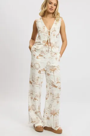 Brown Abstract Wide Leg Pants High Rise Laser cut