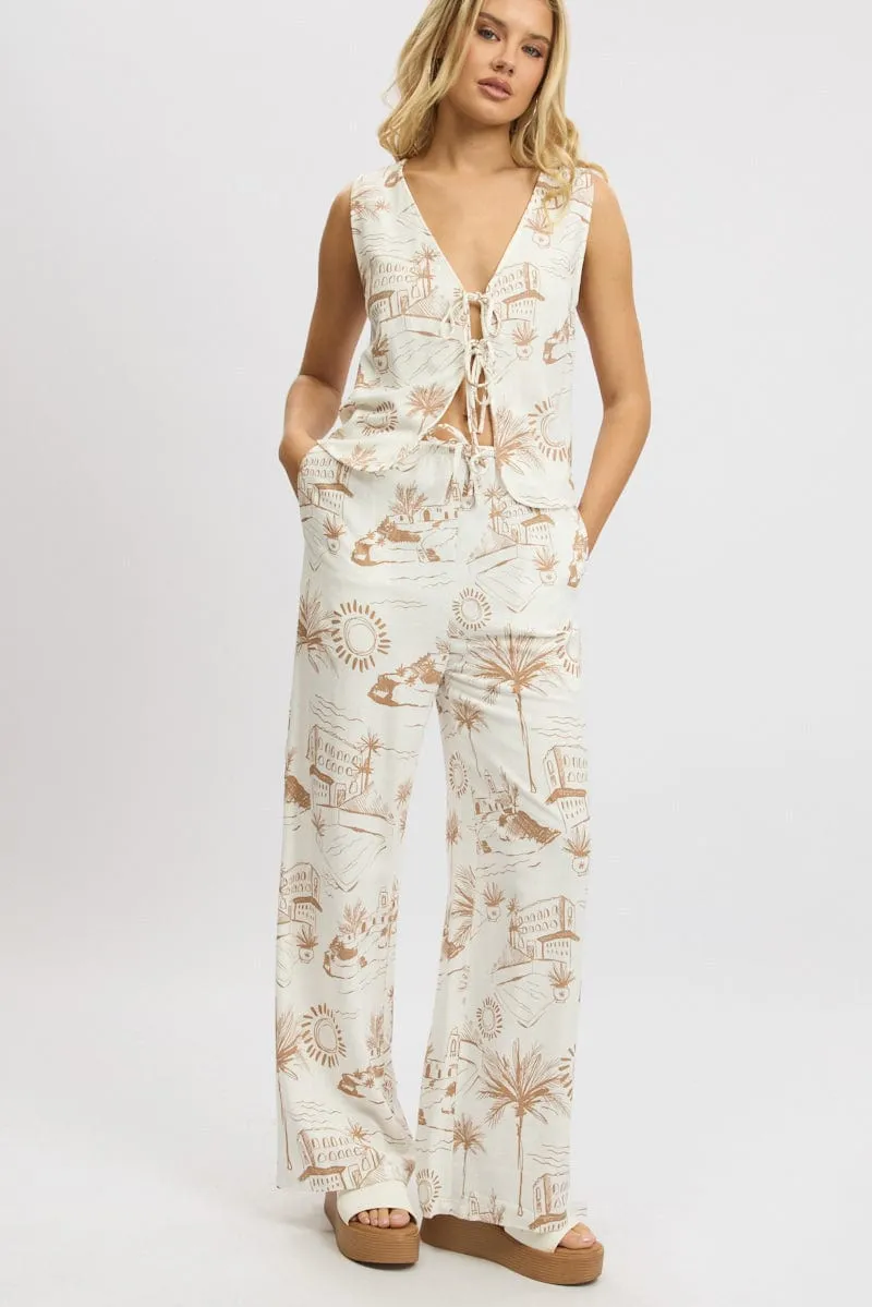 Brown Abstract Wide Leg Pants High Rise Laser cut