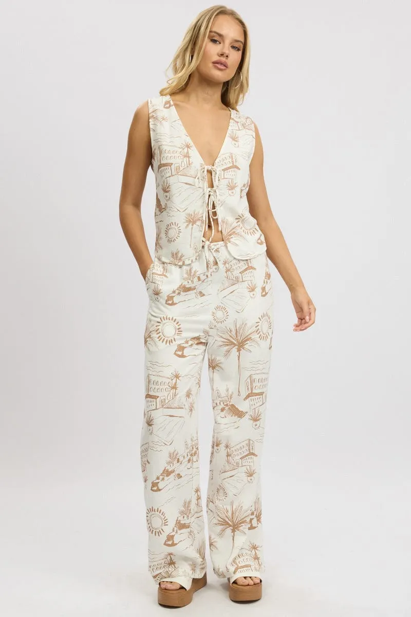 Brown Abstract Wide Leg Pants High Rise Flexible Gusset Design