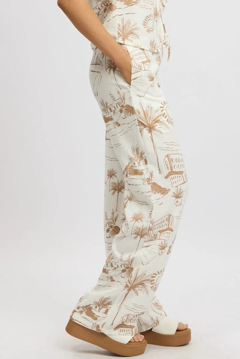 Brown Abstract Wide Leg Pants High Rise FlexFoamPadding