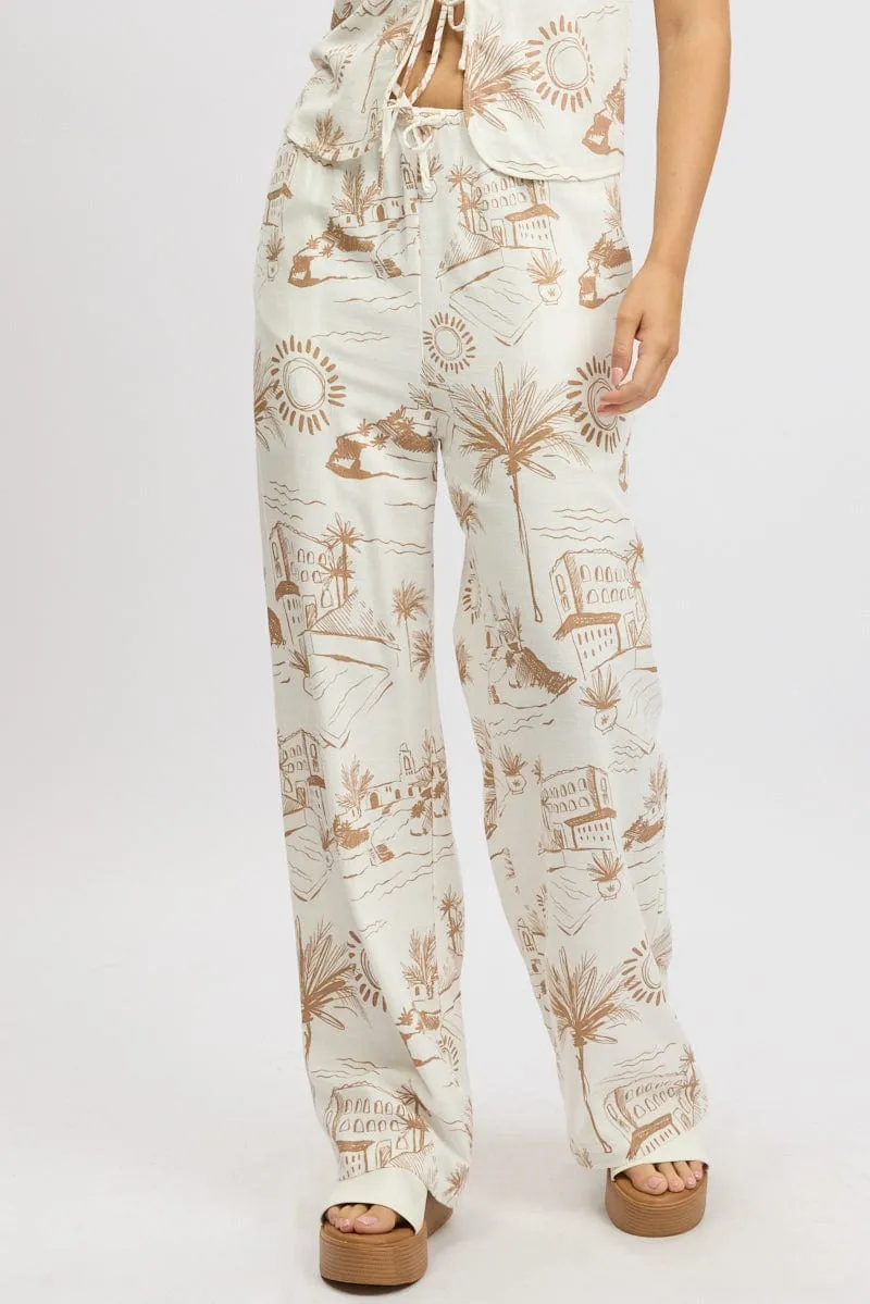 Brown Abstract Wide Leg Pants High Rise Outdoor Essentials