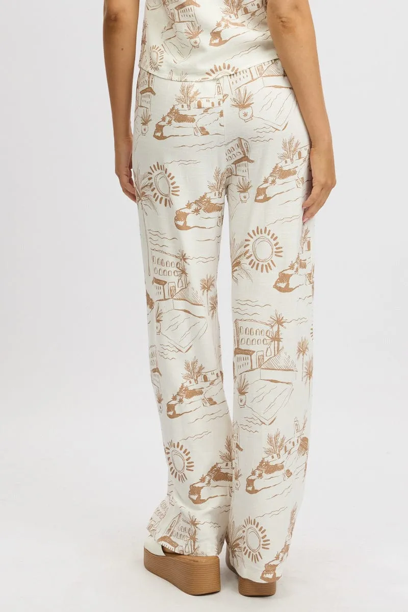 Fashionable Comfort Brown Abstract Wide Leg Pants High Rise