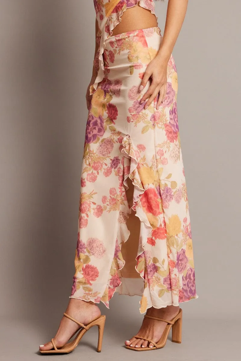 Multi Floral Maxi Skirt High Rise Ruffled Slit Frill Hem Mesh Print Mix Quiet Style