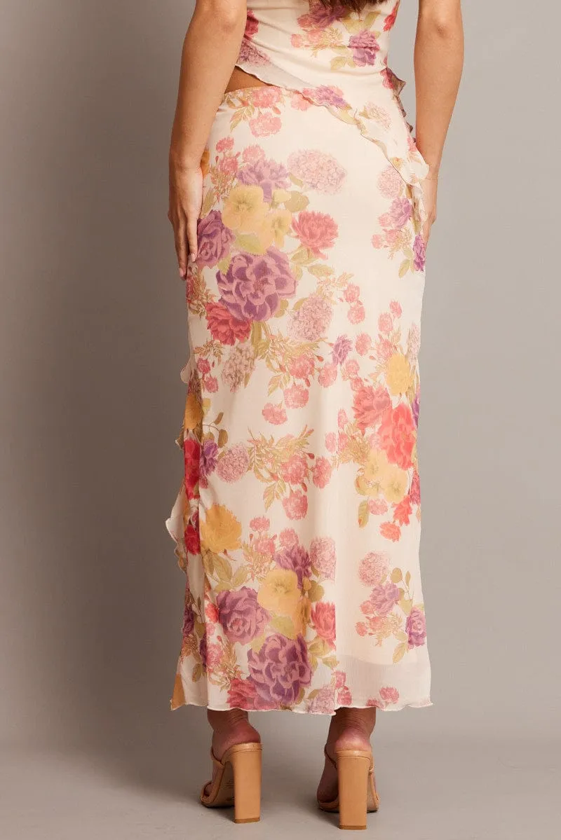 Machine washable Weekend Style Multi Floral Maxi Skirt High Rise Ruffled Slit Frill Hem Mesh