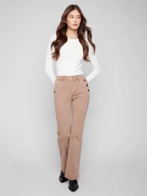 Flare Leg Stretch Twill Pants With Buttons - Truffle Street Mood