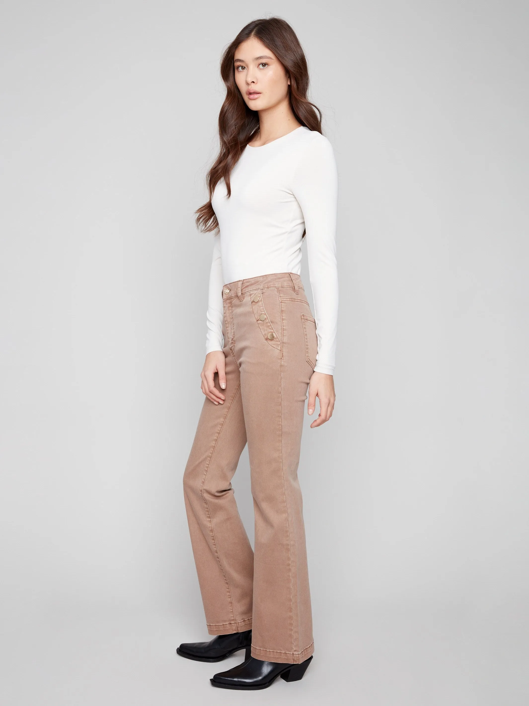 Flare Leg Stretch Twill Pants With Buttons - Truffle Urban Mood Base Comfort