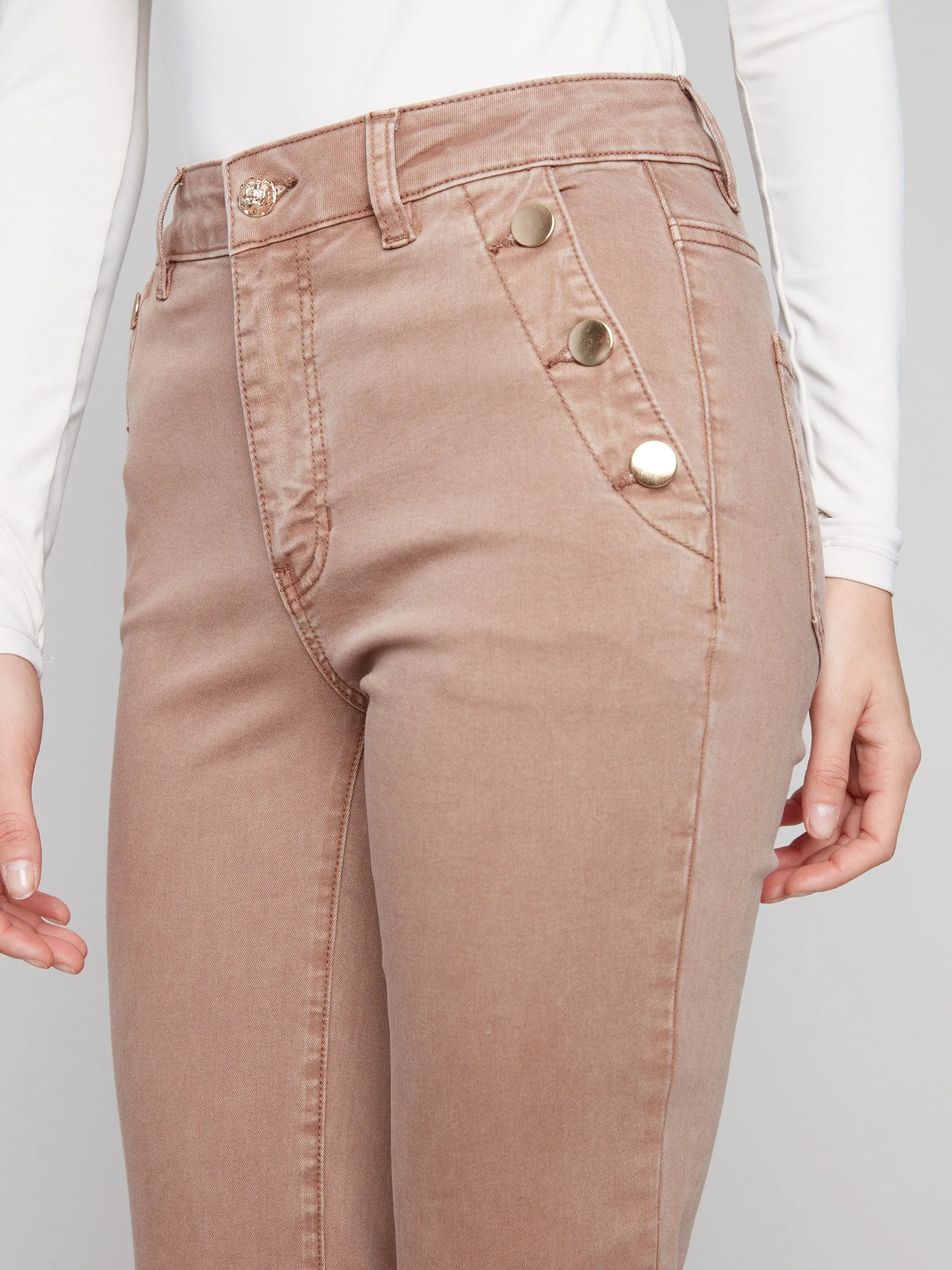 Flare Leg Stretch Twill Pants With Buttons - Truffle Morning Stroll Fashion Lover