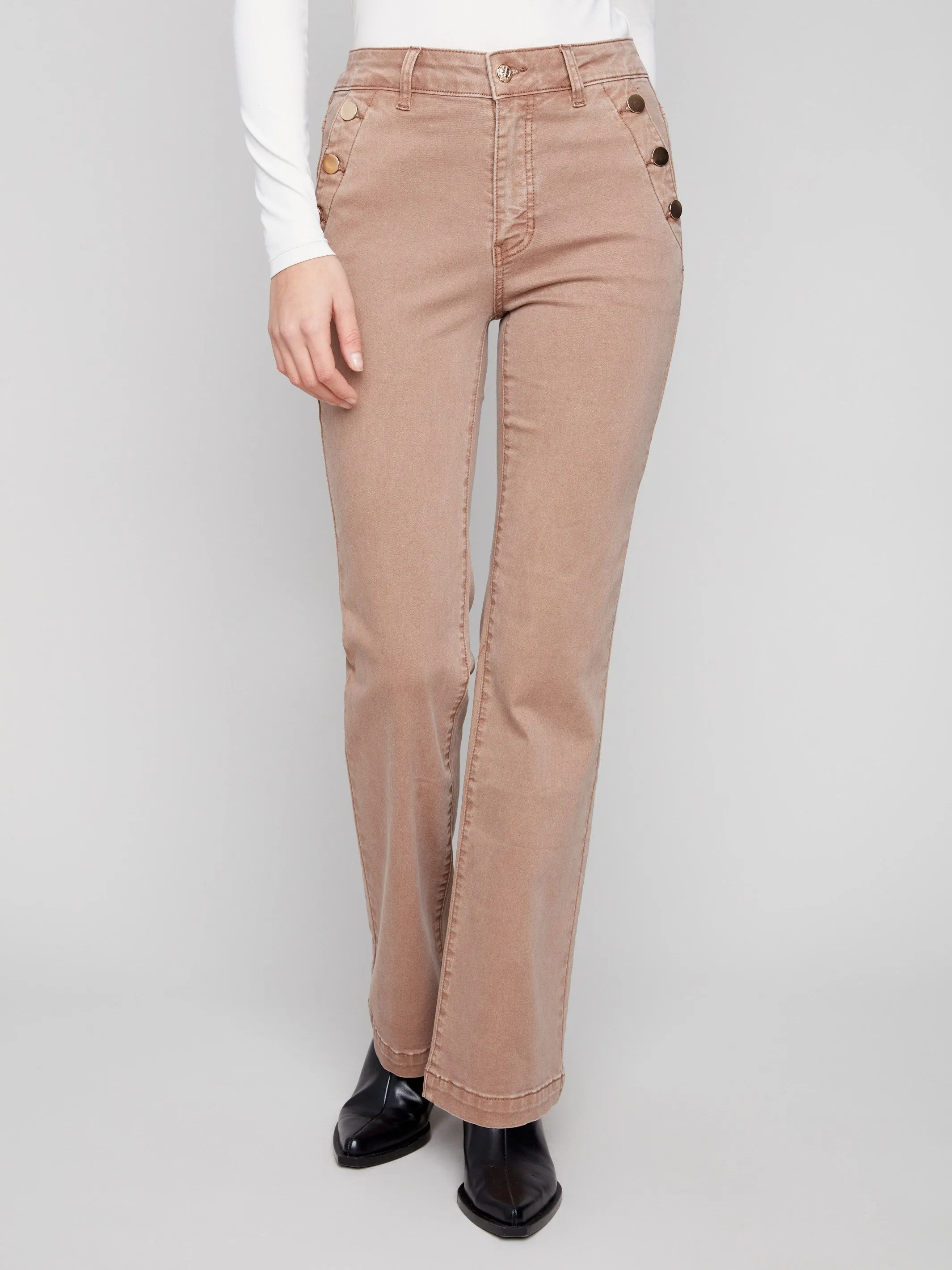 Neutral Tones Flare Leg Stretch Twill Pants With Buttons - Truffle