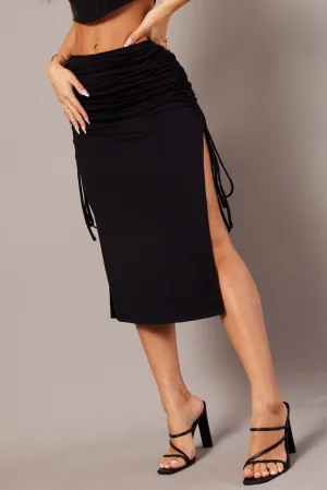 Black Maxi Skirt Side Ruched Jersey Flexible Waistband