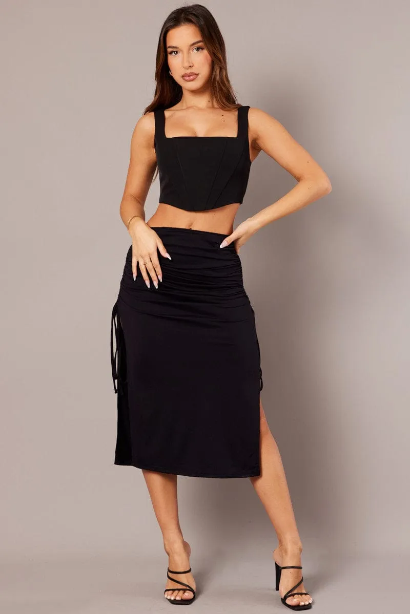 Travel Friendly Black Maxi Skirt Side Ruched Jersey