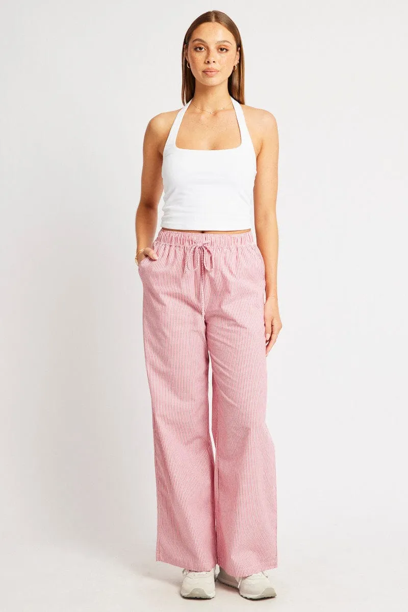Red Stripe Wide Leg Pants High Rise Stretchy Waist FadeResistantTreatment